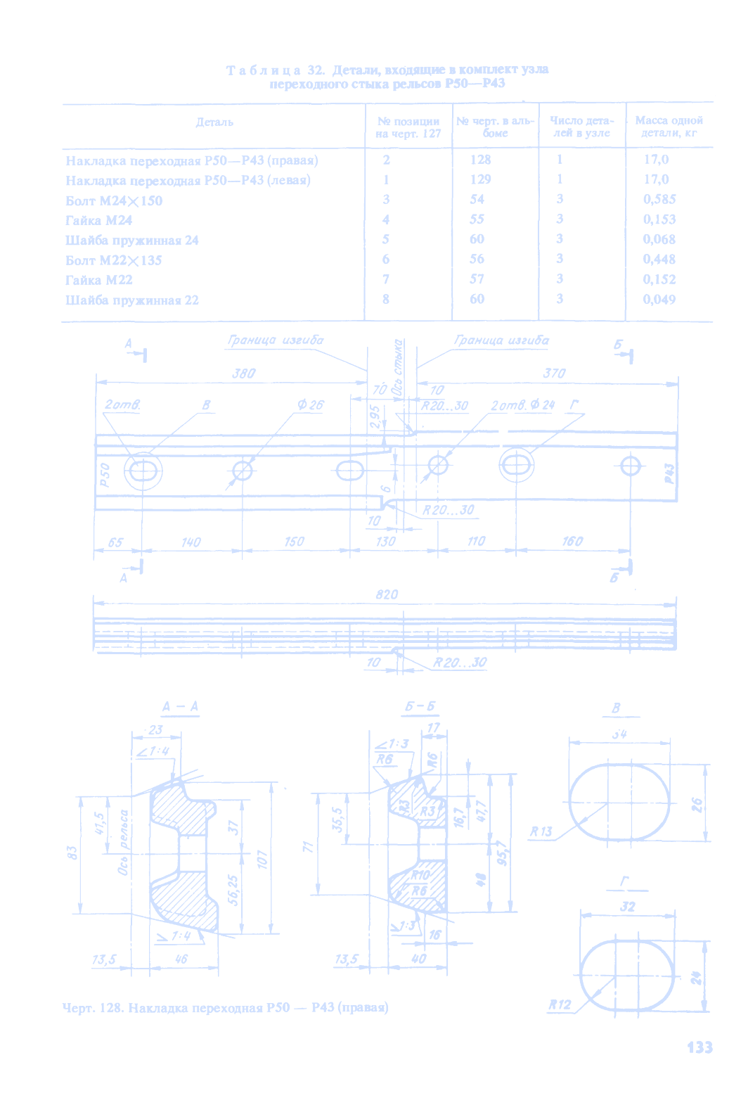 Лист 134 — таблица 33 (детали стыка Р50-Р43 на полосе)